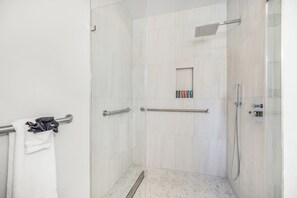 Shower, towels, soap, shampoo