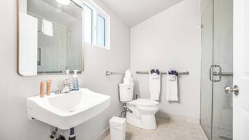 Shower, towels, soap, shampoo