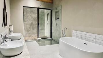Separate tub and shower, free toiletries, hair dryer, towels