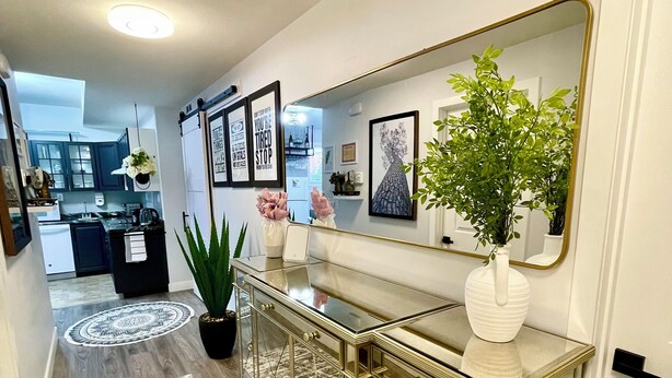 A modern hallway with a glass console table, a large mirror, and a potted plant. - Luxury Suite-Unique Quotes Space (Saskatoon)