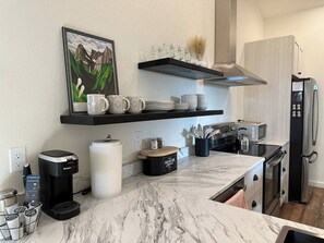 Fridge, microwave, oven, stovetop