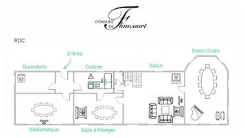 A floor plan of Domaine De Flancourt hotel with labeled rooms including a dining area, kitchen, and a large oval-shaped salon.
