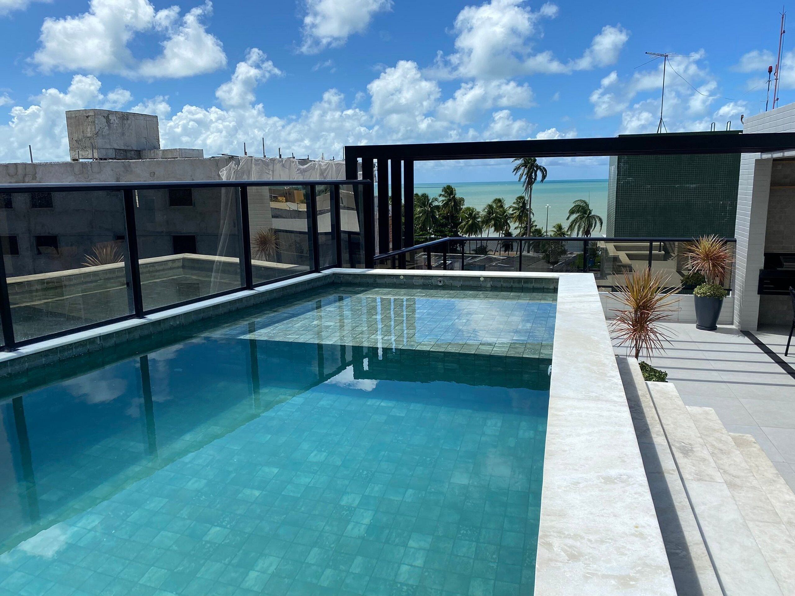A rooftop pool with clear blue water, surrounded by a glass railing, and overlooking a beach with palm trees and a clear sky.