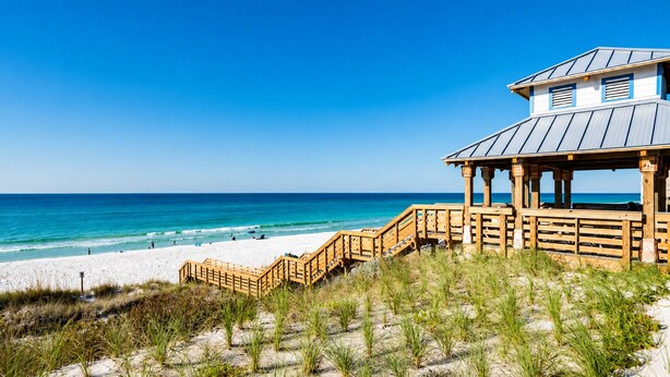 A beach with a wooden structure, a sandy beach, and the ocean. - Casa Blanca | Rooftop Bar • Elevator • Golf Cart • 400' Beach Access (Miramar Beach)