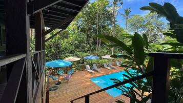 Outdoor pool, pool umbrellas, sun loungers