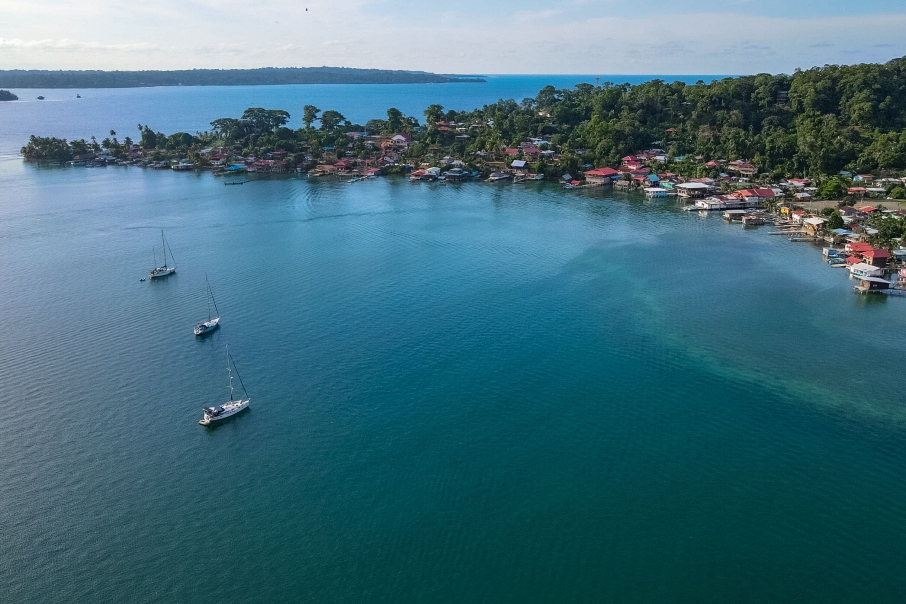 A coastal town with a marina, houses, and a forested area.