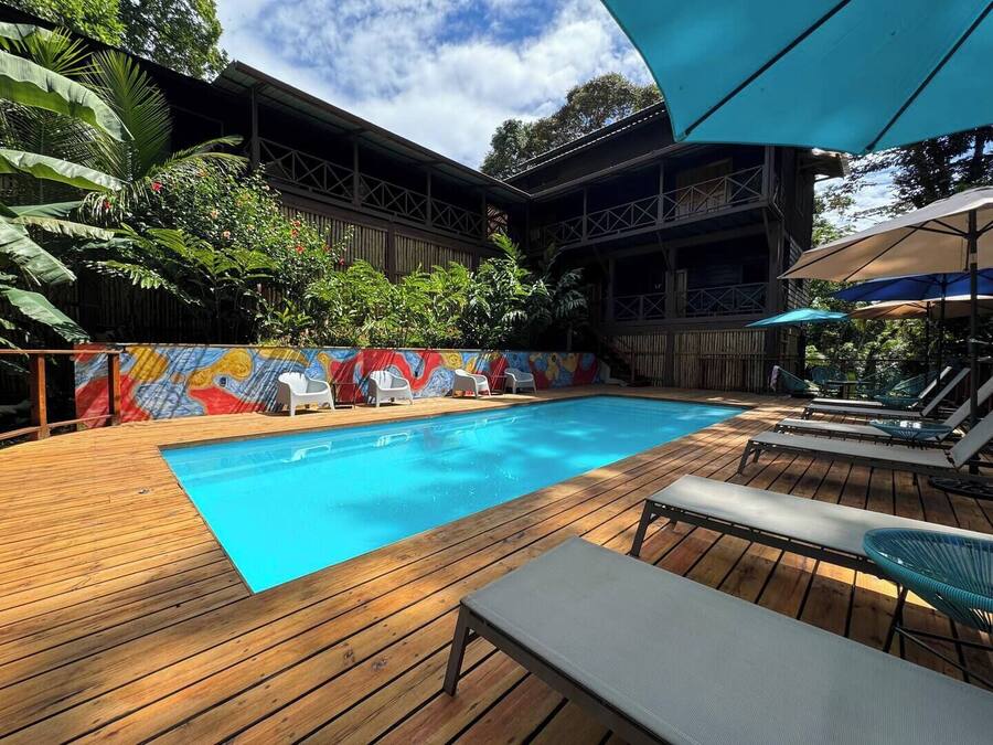 Una piscina al aire libre, sombrillas, sillones reclinables de piscina