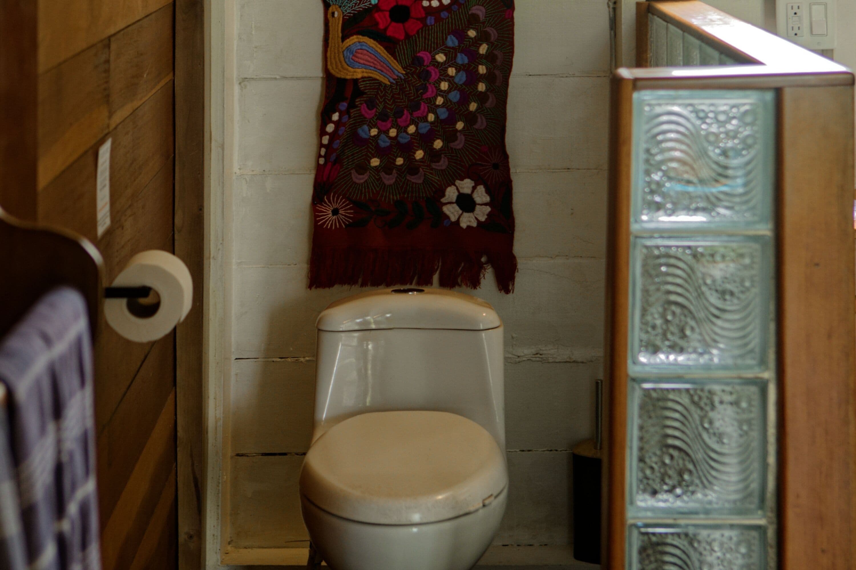 Un baño con un inodoro, una toalla colgada en la pared y una cortina de ducha estampada.
