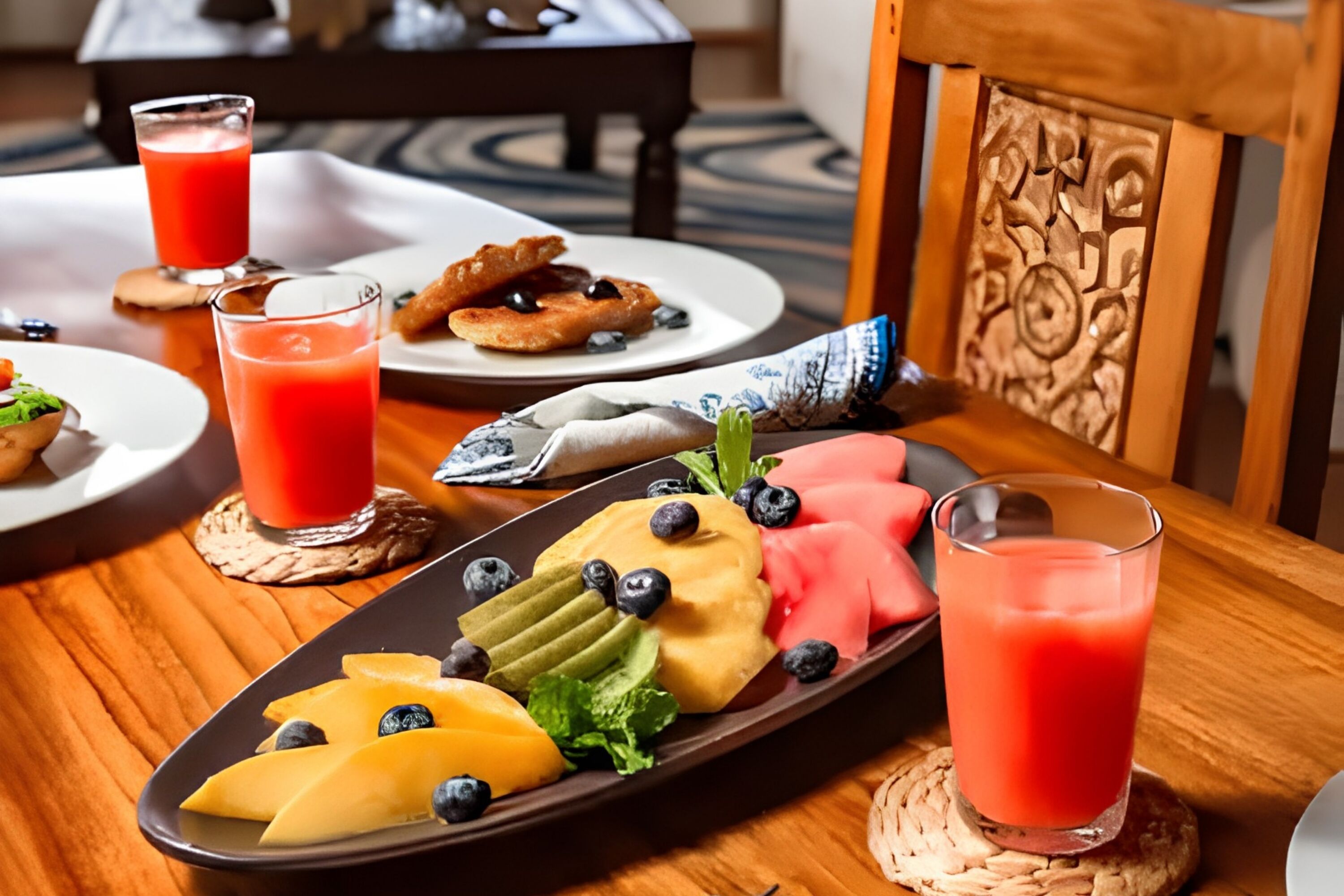 A breakfast setting with a fruit platter, croissants, and two glasses of red juice on a wooden table.