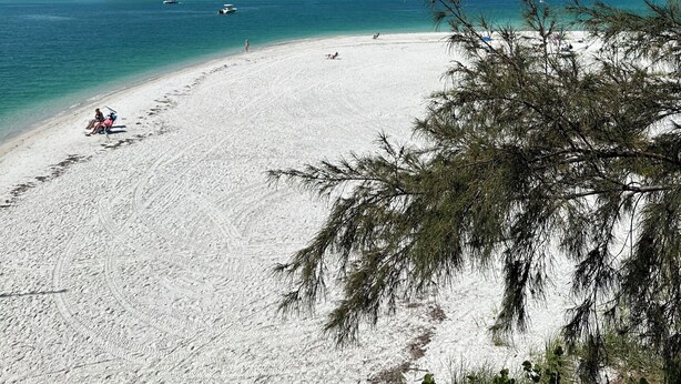 Une plage à l’eau turquoise et limpide, au sable blanc et à la végétation clairsemée.