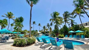 A pool area with lounge chairs and umbrellas, surrounded by palm trees.