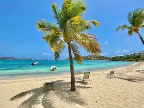 On the beach, sun-loungers, beach towels