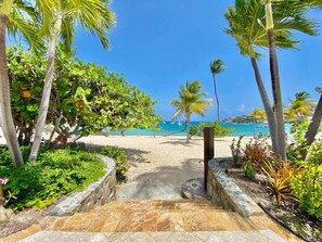 On the beach, sun-loungers, beach towels