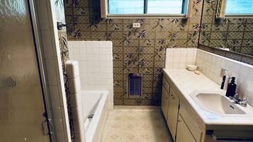 Hair dryer, towels, soap, shampoo