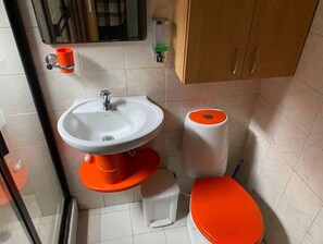 Regadera, toallas, jabón, papel de baño 