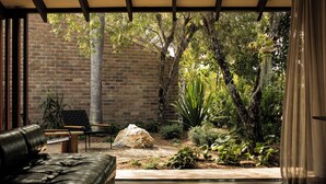 A covered patio with a brick wall, a wooden bench, a large rock, and various plants. - Sea Sea Hotel (Crescent Head)