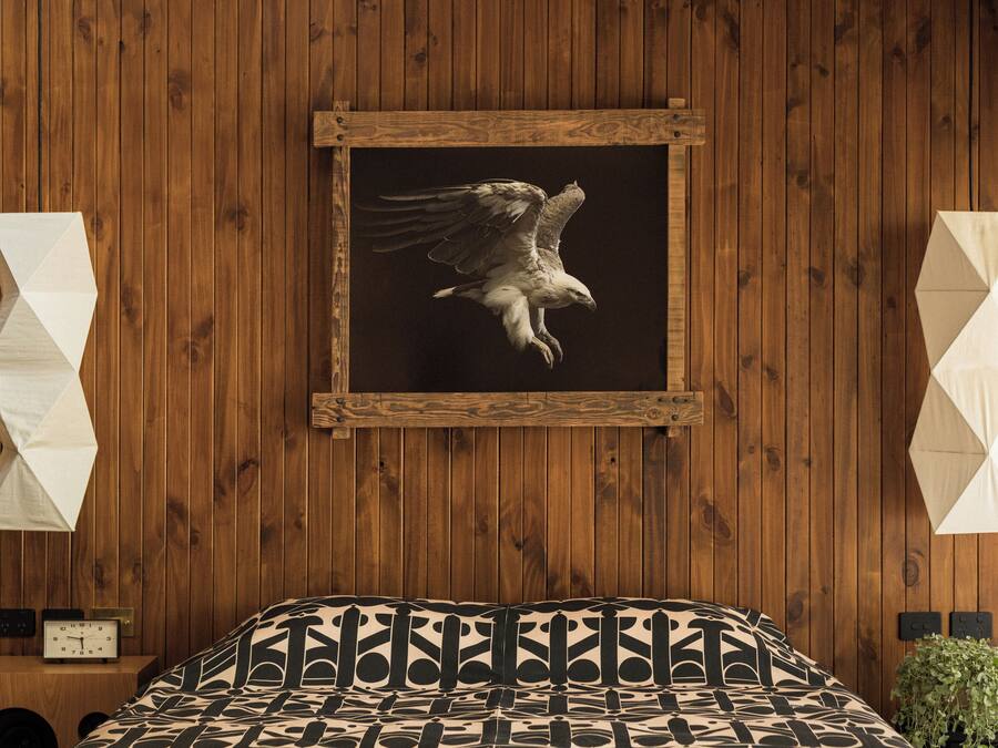 A room with wooden panel walls, a framed picture of an eagle, a bed with patterned bedding, a clock, and a small plant.
