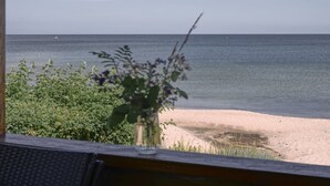 A view of the sea from a window with a vase of flowers on a table.