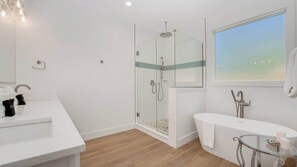 Shower, hair dryer, shampoo