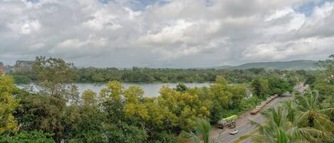 A road with vehicles, surrounded by lush greenery and a body of water in the background.