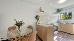 Fridge, microwave, oven, cookware/dishes/utensils