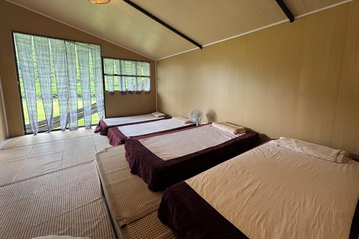 Una habitación con tres camas, ventilador de techo y ventana con cortinas ligeras.
