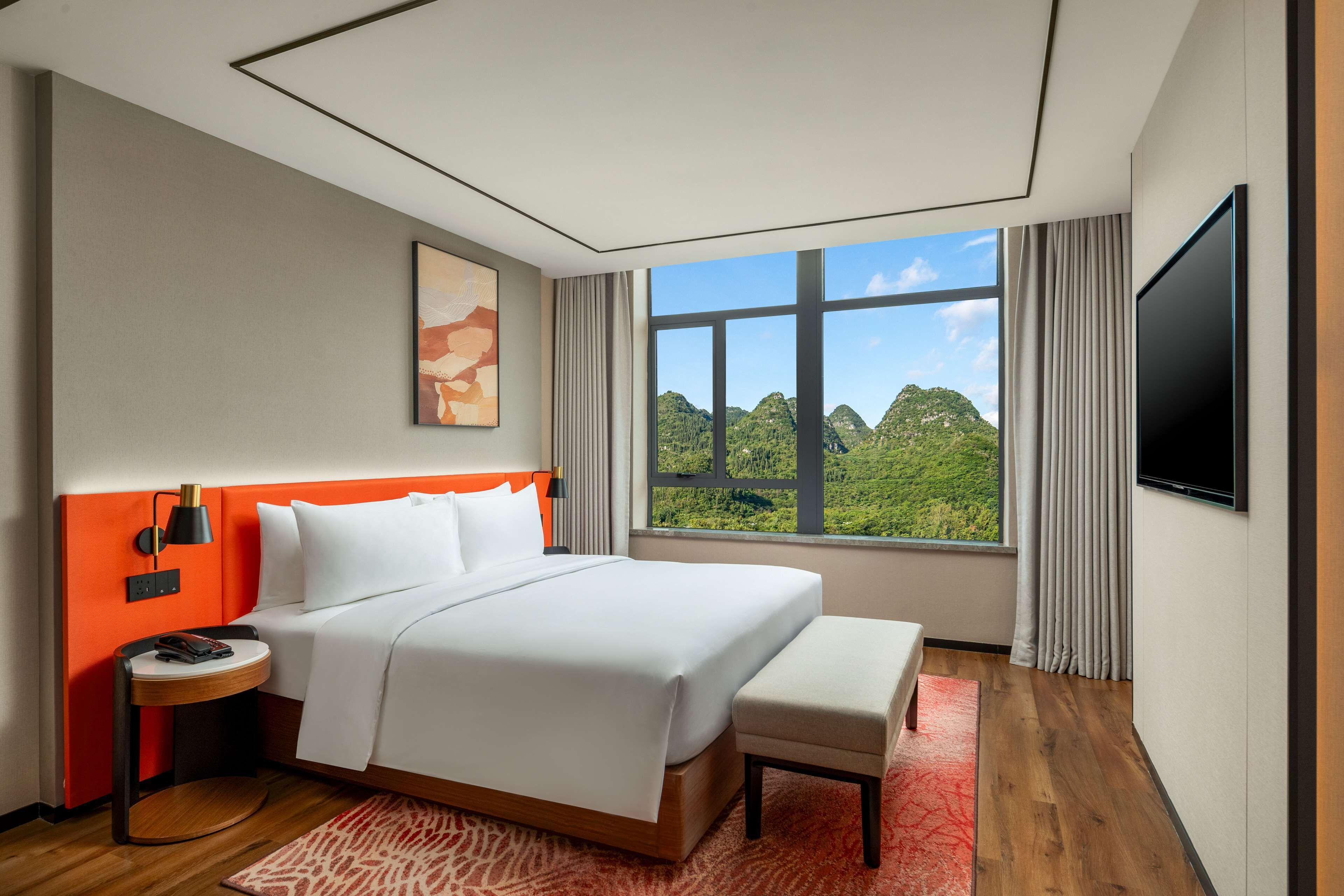 A hotel room with a large bed, a bedside table, a TV, and a window with a view of green hills.