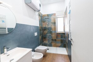 Shower, hair dryer, bidet, towels