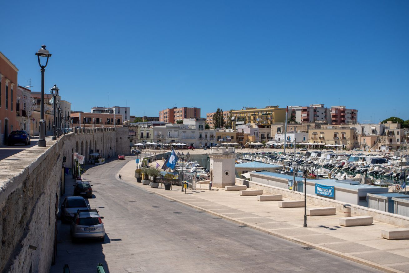 Un puerto costero con coches aparcados, cielo despejado y edificios al fondo.