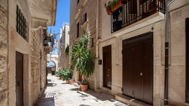 A narrow stone-paved alley with buildings on either side, potted plants, and a closed wooden door on the right. - GuestHost - Il Torrino al Porto Room (Bisceglie)