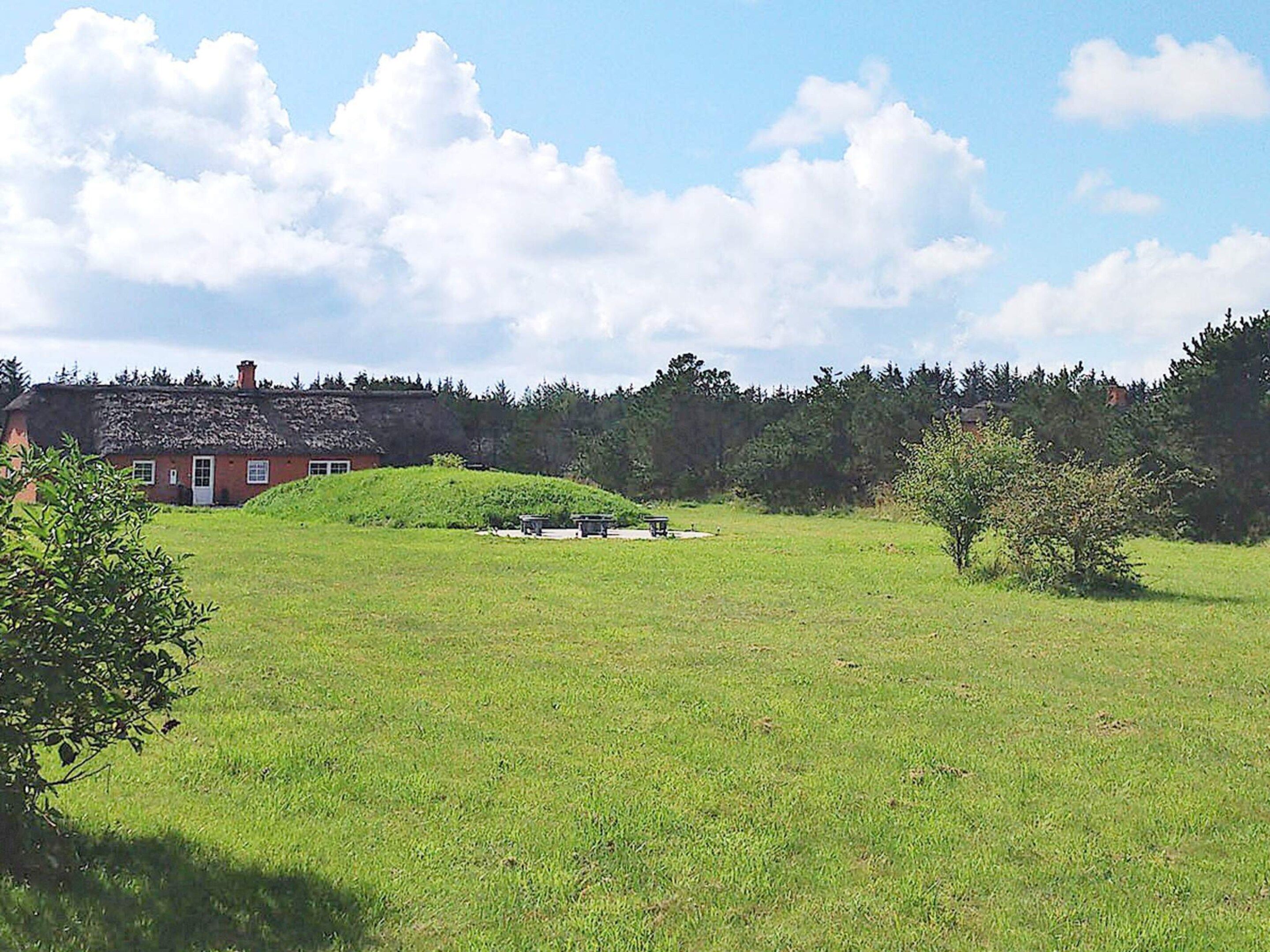 Ländliche Landschaft mit einem Haus mit Strohdach, einer grünen Wiese und einem Wald im Hintergrund.