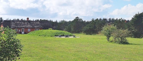 A rural landscape with a thatched-roof house, a grassy field, and a forest in the background.