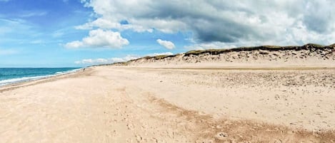A wide sandy beach with footprints leading to the water, a clear sky, and a distant dune.