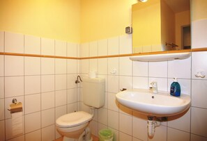 A bathroom with a toilet, sink, and mirror. - Ferienwohnung Grosser Seestern in Wiek (Wiek)