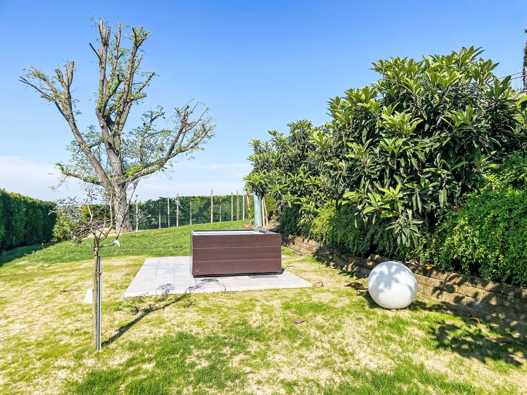 A garden with a wooden bench, a spherical sculpture, and a tree.