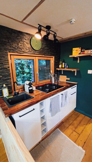 Fridge, coffee/tea maker, cookware/dishes/utensils, spices