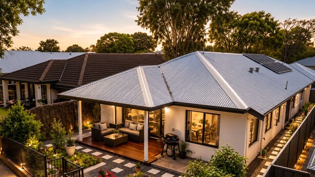 A modern house with a covered patio, outdoor seating, and a garden. - The Aurora (Geographe)