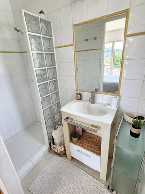 Shower, hair dryer, towels, soap