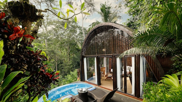 Uma estrutura envidraçada com piscina e área de estar ao ar livre, cercada por vegetação exuberante.
