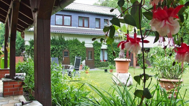Un patio cubierto con vistas a una casa, un jardín con plantas en macetas y un césped.