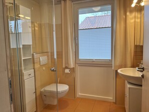 A compact bathroom with a toilet, a sink, and a shower area. - Ferienhaus Muritzhus an der Muritz (Röbel/Müritz)