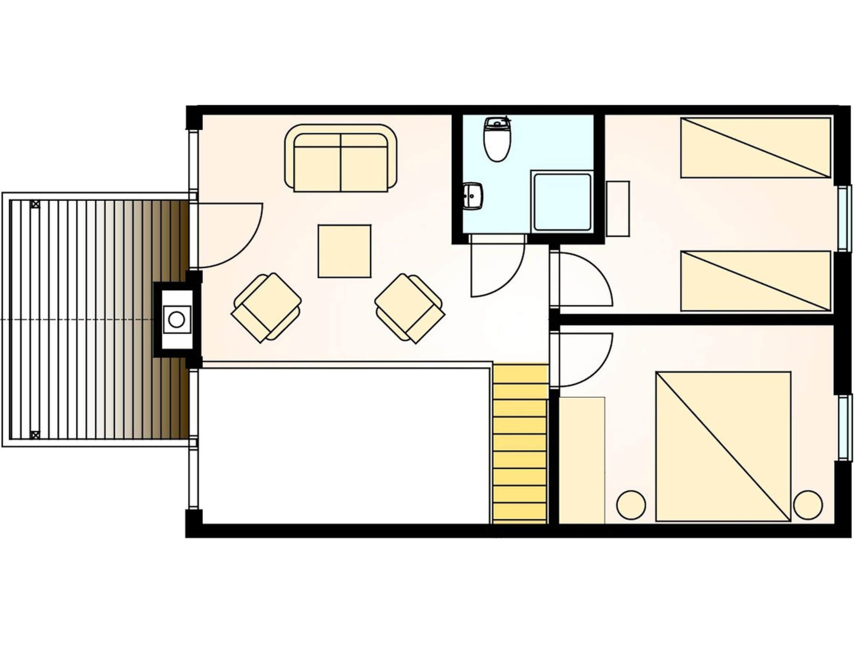 A hotel room layout with a bed, a desk, a bathroom, and a seating area.