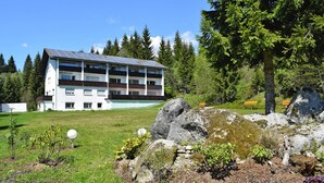 A modern multi-story building with a flat roof, surrounded by a grassy area with large rocks and trees. - Apartment in Haidmuhle With Balcony or Terrace (Haidmuhle)