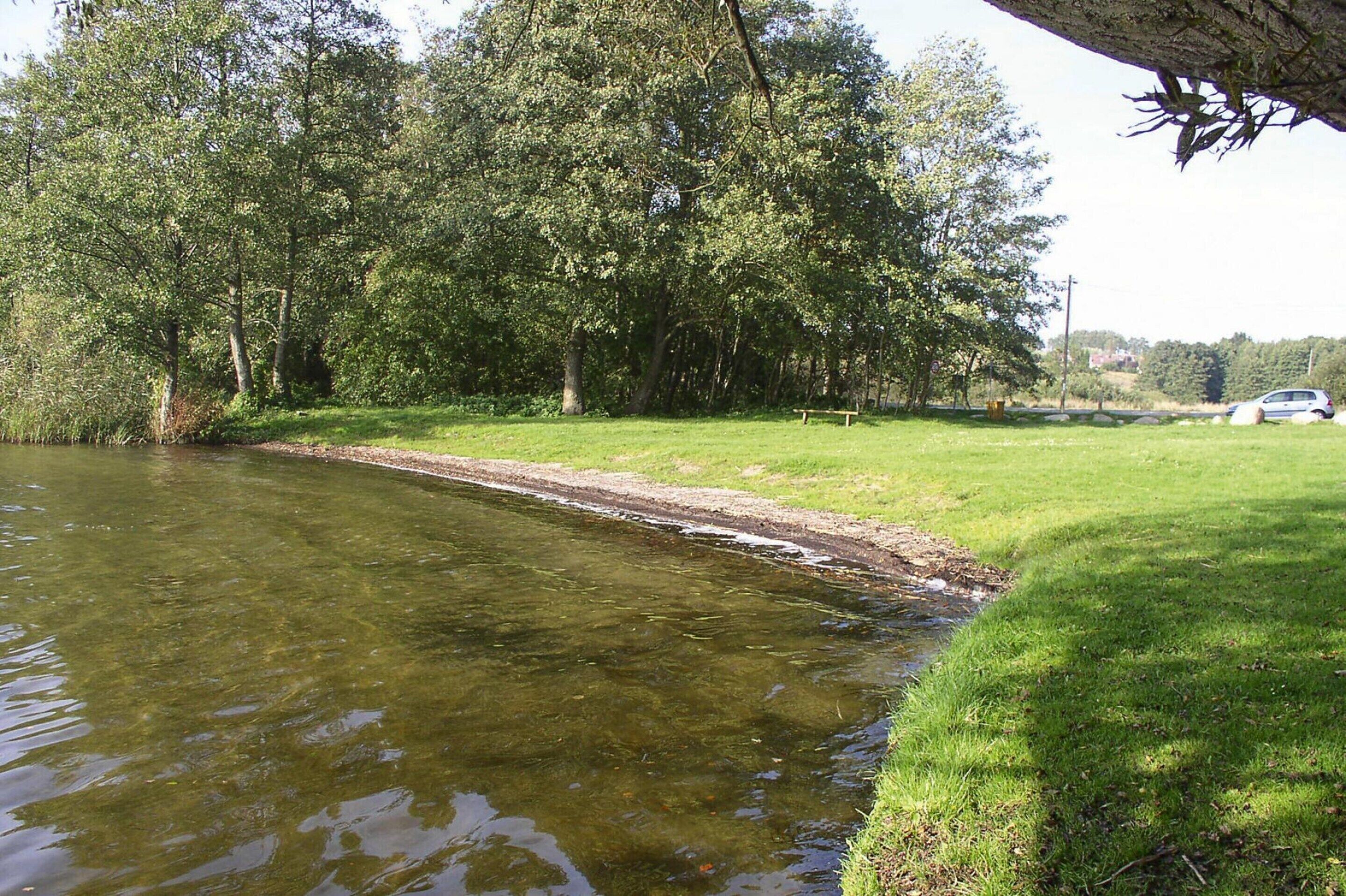 Une rivière paisible, bordée d’une rive herbeuse, avec des arbres et une voiture au loin.