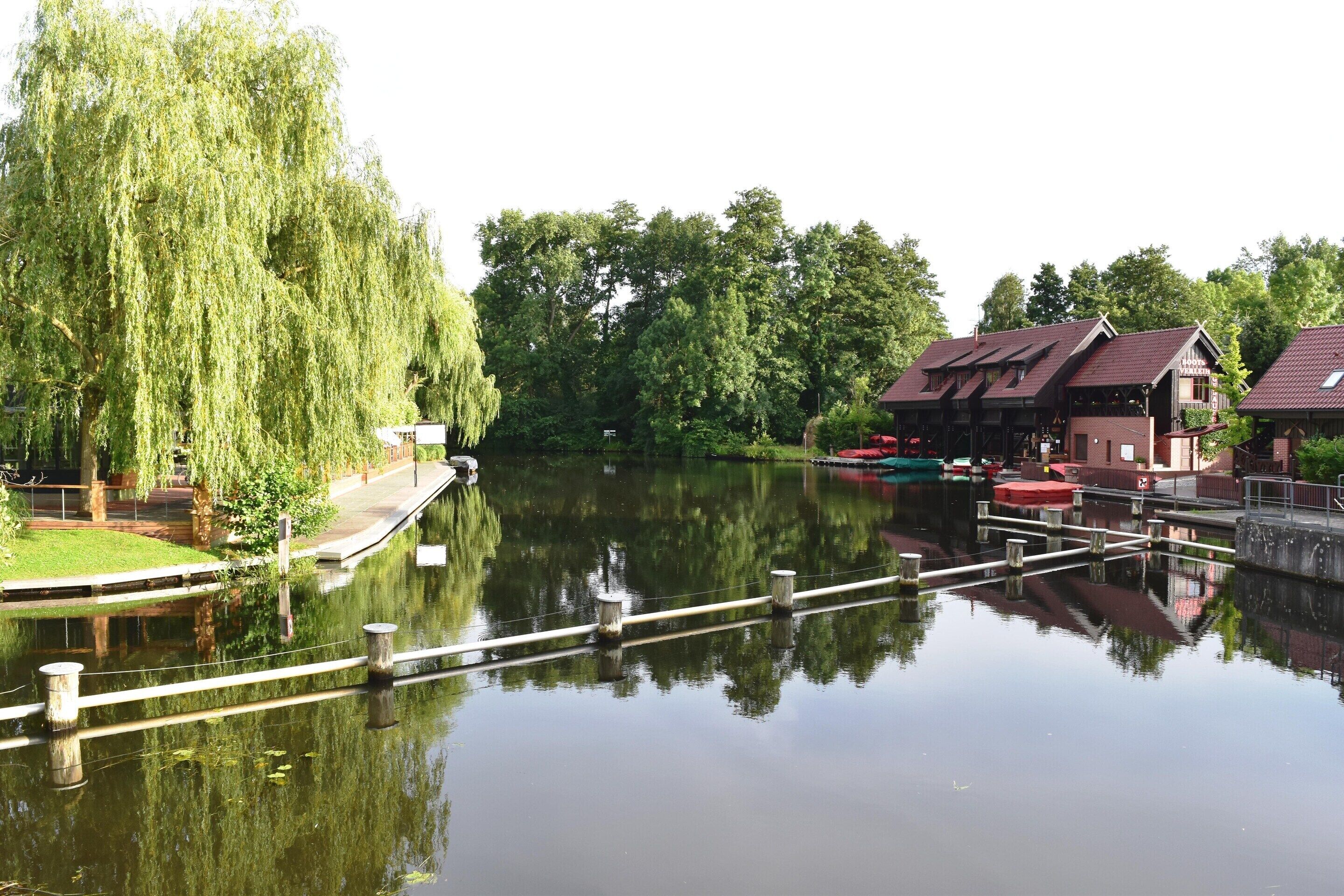 A calm river with a wooden dock, a weeping willow tree, and traditional buildings with red roofs.