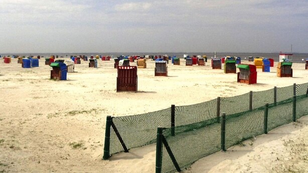 Una playa con una valla y contenedores de colores.