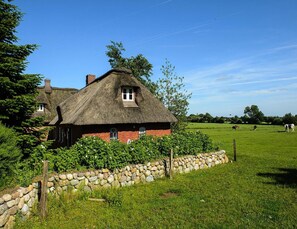 A traditional thatched-roof house with a stone wall and a grassy field in the background. - Doppelhaushalfte Posthus, Behrendorf (Behrendorf)