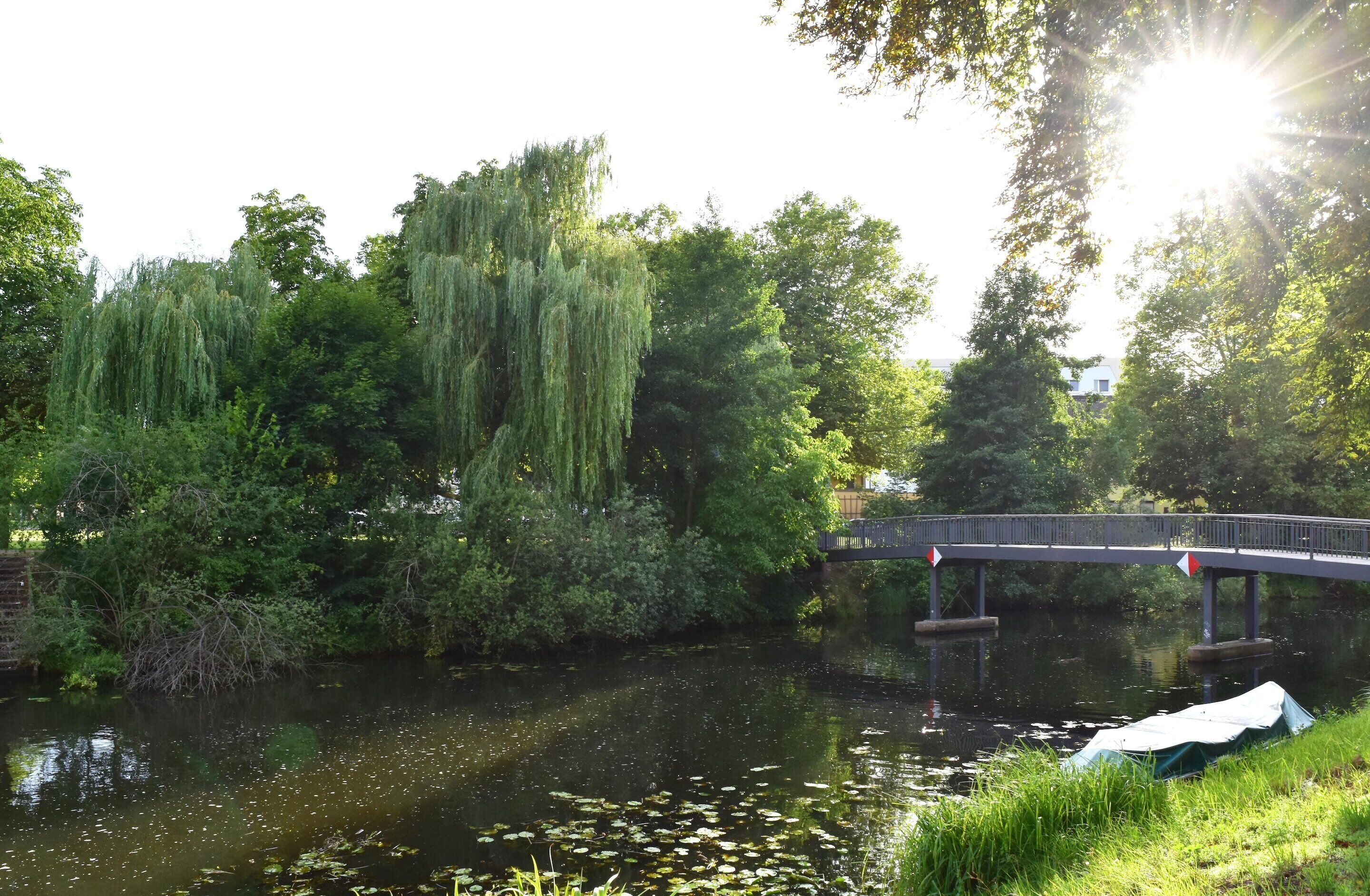 Une rivière traversée par un pont, bordée d’une végétation luxuriante, et une tente installée sur la rive.