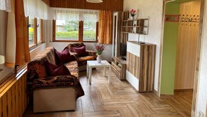 Una sala de estar acogedora con un sofá, una mesita pequeña y un televisor. Hay ventanas con cortinas, techo de madera y una pared verde con sistema de ganchos.