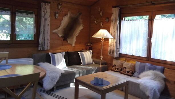 A cozy cabin interior with a wooden floor, a sofa, a table, and a lamp. - Ferienhaus in Dornhan (Dornhan)